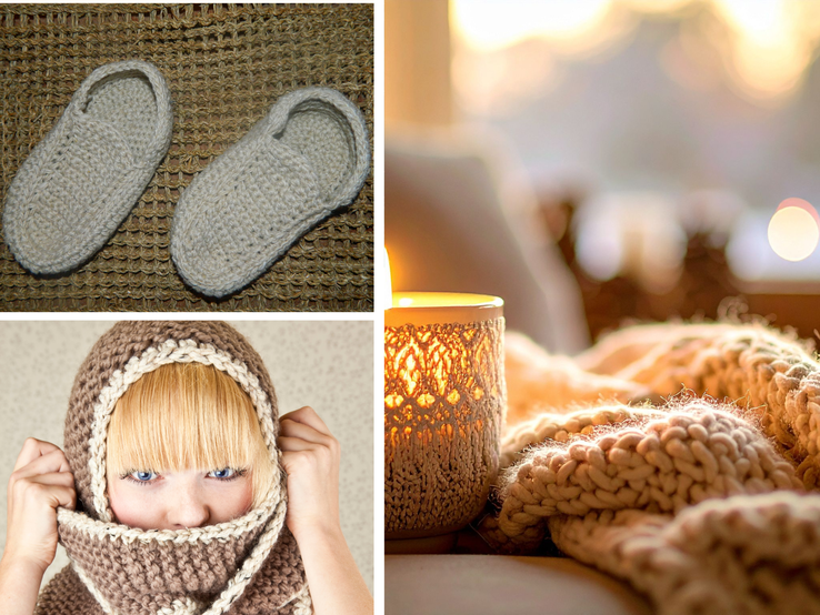 Collage mit Strickpantoffeln, flauschiger Decke bei Kerzenschein und junger Frau mit blondem Pony in dicker Kapuze.