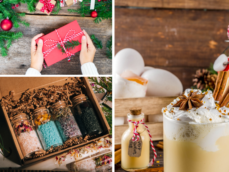 Verschiedene DIY-Geschenke zu Weihnachten: Handgemachtes Badesalz, Eierlikör im Glas und verpackte Päckchen mit Schleife auf Holz.