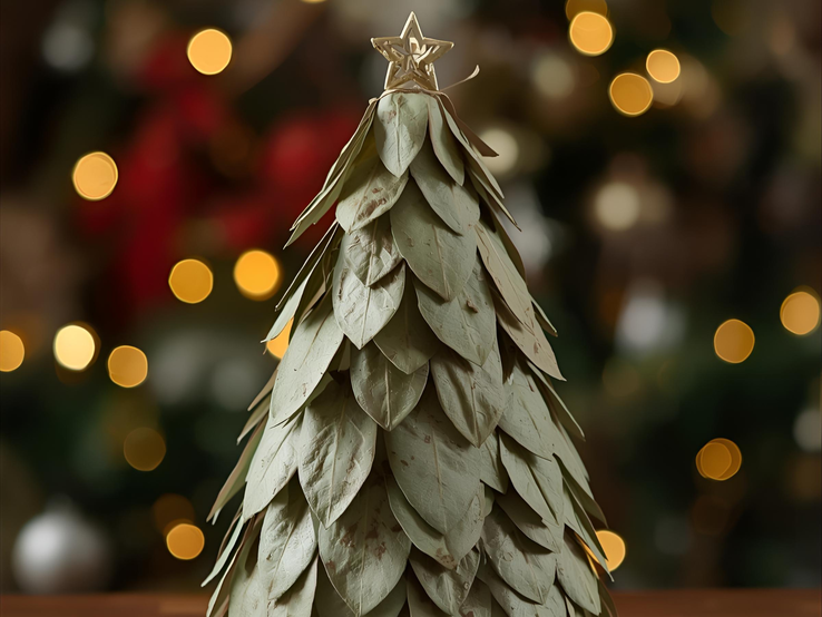 Kleiner Weihnachtsbaum aus getrockneten Lorbeerblättern mit goldener Sternspitze vor unscharfem Lichterhintergrund.