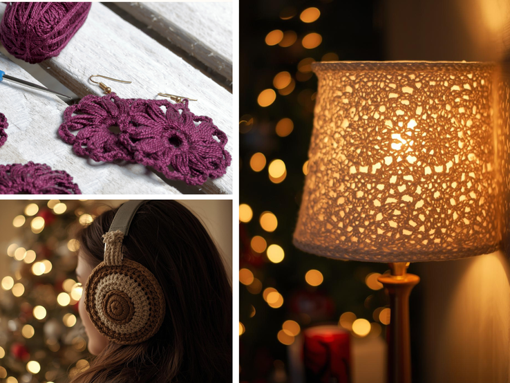 Eine Collage aus drei handgefertigten Designs: gehäkelte Blumenohrringe, eine leuchtende Häkellampe und gehäkelte Ohrwärmer vor einem weihnachtlichen Lichterhintergrund.