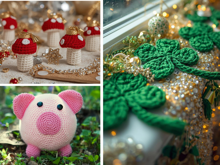 Bunte Collage mit gehäkelten roten Fliegenpilzen, grünen Kleeblättern und einem rosa gehäkelten Schwein vor Naturhintergrund.