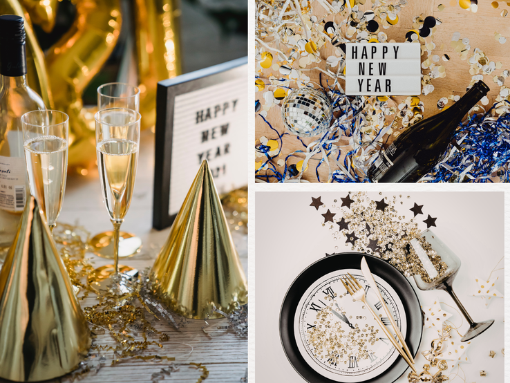 Tischdeko basteln: Glitzernde Silvesterdeko mit Sekt, Partyhüten, Konfetti und einem dekorierten Uhrenteller kurz vor Mitternacht.