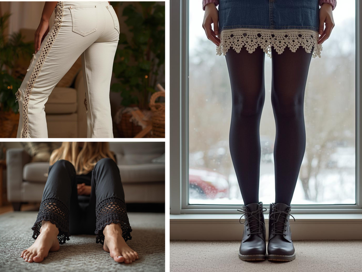 Collage aus modischen Details: gehäkelter Spitzenbesatz an weißer Jeans, schwarzer Hose und Jeansrock, jeweils kombiniert mit modernen Accessoires und stimmungsvollen Hintergründen.