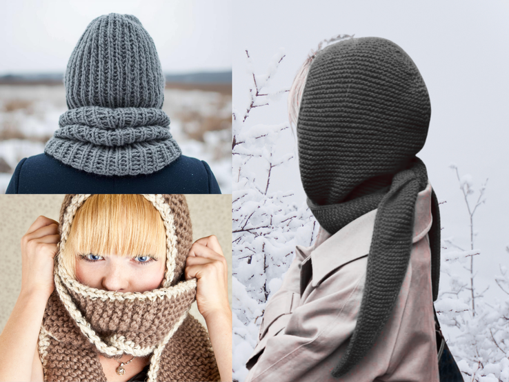 Collage aus gestrickten Kapuzenschals: Grau in Naturkulisse, schwarzes Modell im Schnee, braunes mit hellen Rändern vor beigem Hintergrund.