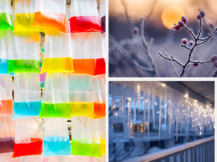 Bunte Flüssigkeiten in Hängbeuteln leuchten nebeneinander, daneben vereiste Zweige vor tiefstehender Sonne im Abendlicht.