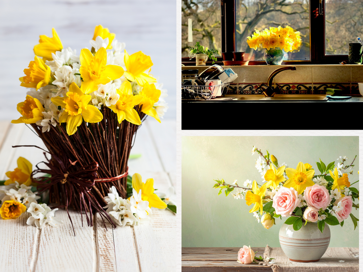 Drei Frühlingssträuße mit Narzissen: rustikal gebunden, in Vase am Küchenfenster und mit Rosen auf Holztisch vor pastellgrüner Wand.
