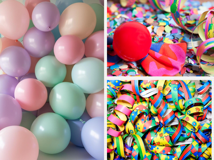 Bunte Luftschlangen, Konfetti und eine rote Clownsnase liegen zwischen pastellfarbenen Luftballons in fröhlicher Feierkulisse.