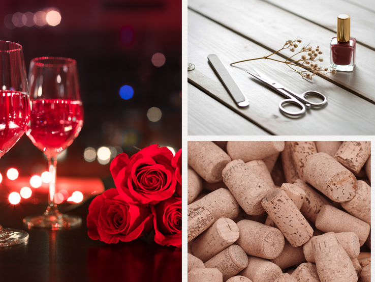 Zwei Gläser Roséwein und rote Rosen vor unscharfen Lichtern, daneben Korken, Nagellack und Maniküre-Utensilien.