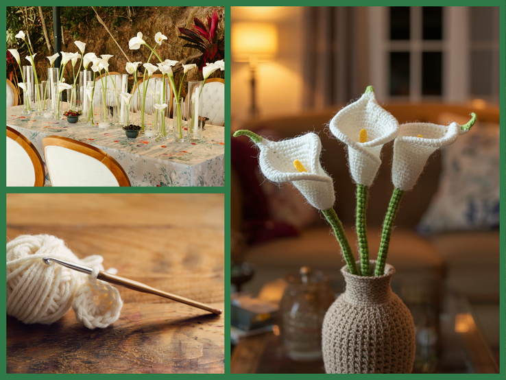 Eine Collage zeigt weiße Calla-Lilien: Links ein festlich gedeckter Tisch mit frischen Blumen, rechts gestrickte Lilien in Vase, unten Garn und Häkelnadel.