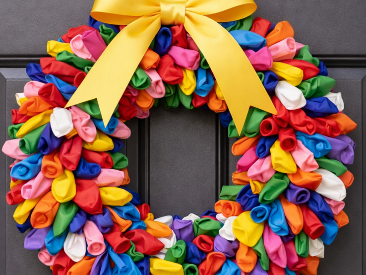 Bunter Türkranz aus Luftballons mit leuchtender gelber Schleife schmückt eine anthrazitfarbene Tür und strahlt festliche Lebensfreude aus.