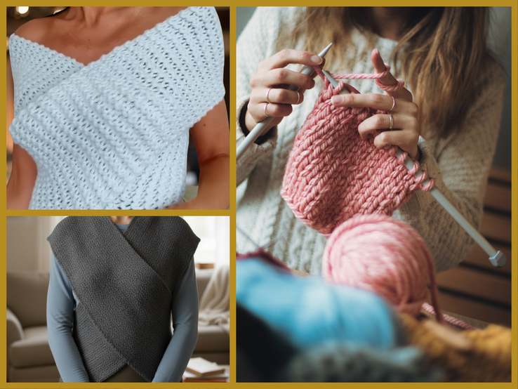 Drei Bilder zeigen handgestrickte Mode: oben ein hellblaues Oberteil, rechts rosa Strickarbeit, unten grauer Wollponcho, Hintergrund teils wohnlich.