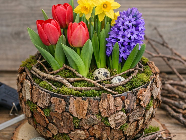 Basteln mit Fußball: Bunte Frühblüher in einer mit Moos und Eiern geschmückten Naturdeko-Schale aus Baumrinde, umgeben von Bastelmaterial.