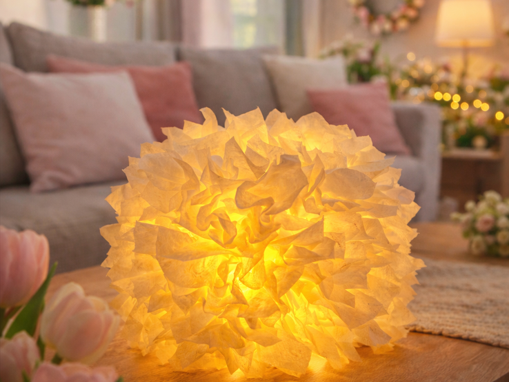 Warm leuchtender Kerzenhalter aus Einmachglas und Taschentüchern  in Blütenform steht auf einem Holztisch, dahinter ein Sofa mit rosafarbenen Kissen im Frühlingston.