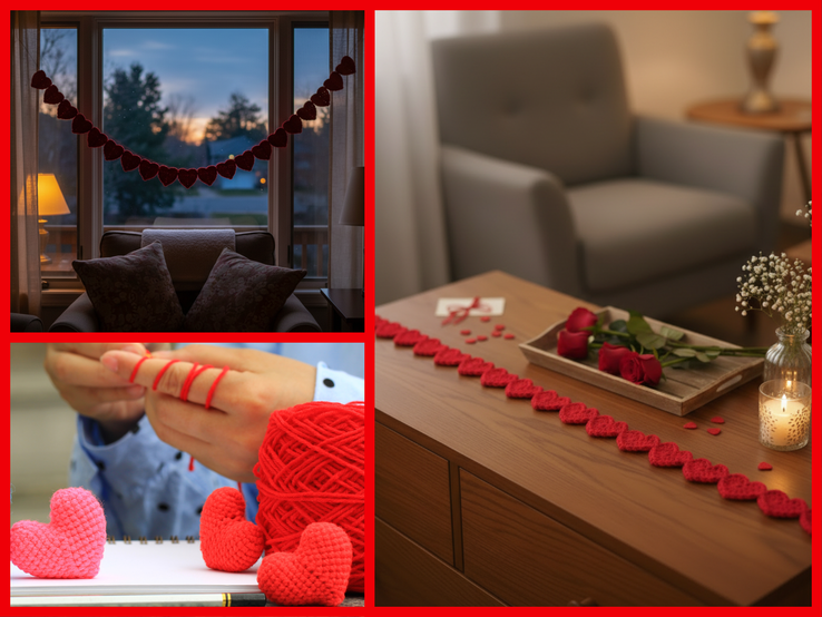 Eine Collage mit gehäkelten roten Herzen: Deko im Wohnzimmer, Rosen und Kerzen auf dem Tisch, sowie Basteln mit rotem Garn.