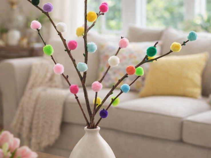 Farbige Pompons zieren mehrere Zweige in einer schlichten Vase auf einem Tisch, im Hintergrund ein gemütliches Sofa mit Kissen.