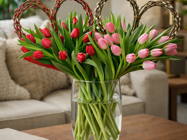 Rote und rosafarbene Tulpen mit Weidenkätzchen in Herz-Form in einer Glasvase auf Holztisch, im Hintergrund ein gemütliches Sofa.