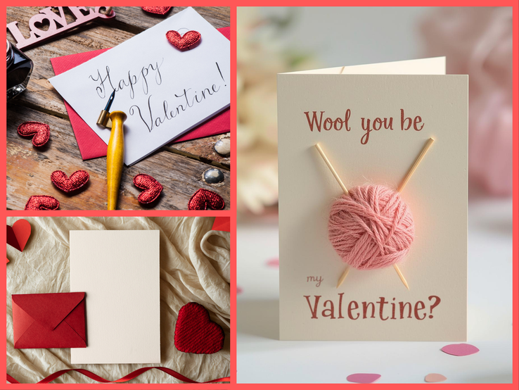 Eine kreative Collage aus Valentinskarten: oben ein handgeschriebener Gruß „Happy Valentine!“ mit Dekoherzen, Mitte eine originelle Karte mit rosa Garn und Stricknadeln; unten rotes Briefpapier auf Stoff mit Herzdetails.