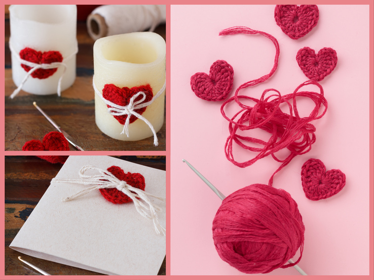 Eine Collage aus gebastelten roten Herzen: Kerzen mit Herzdekor und Garn auf Holz, rosa Hintergrund mit Häkelherzen und Wolle.
