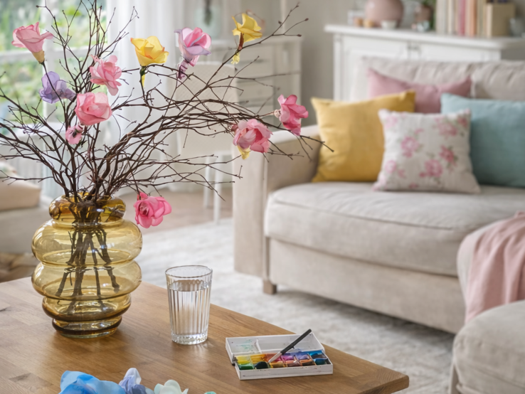 Frühlingshaftes Wohnzimmer mit hellem Sofa, pastellfarbenen Kissen und einer Vase mit rosa und gelben Blüten aus Kaffeefiltern auf dem Couchtisch.
