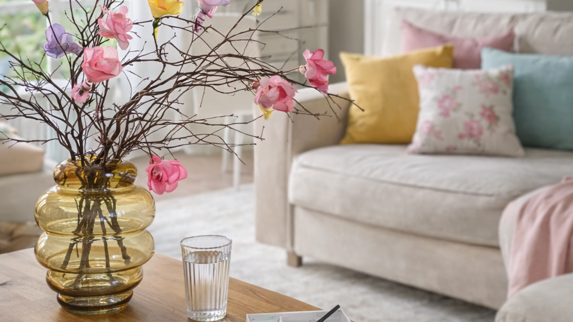 Frühlingshaftes Wohnzimmer mit hellem Sofa, pastellfarbenen Kissen und einer Vase mit rosa und gelben Blüten aus Kaffeefiltern auf dem Couchtisch.