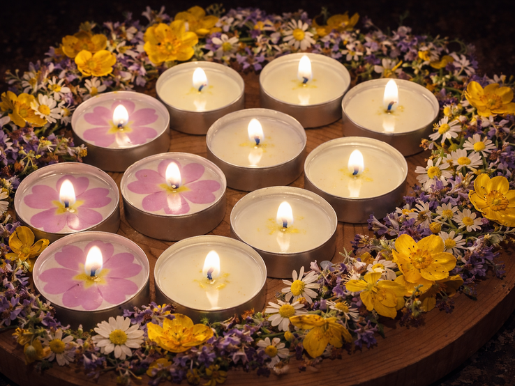 Mehrere brennende Teelichter mit rosa Primeln liegen kreisförmig auf Holz, umrahmt von bunten Wiesenblumen.