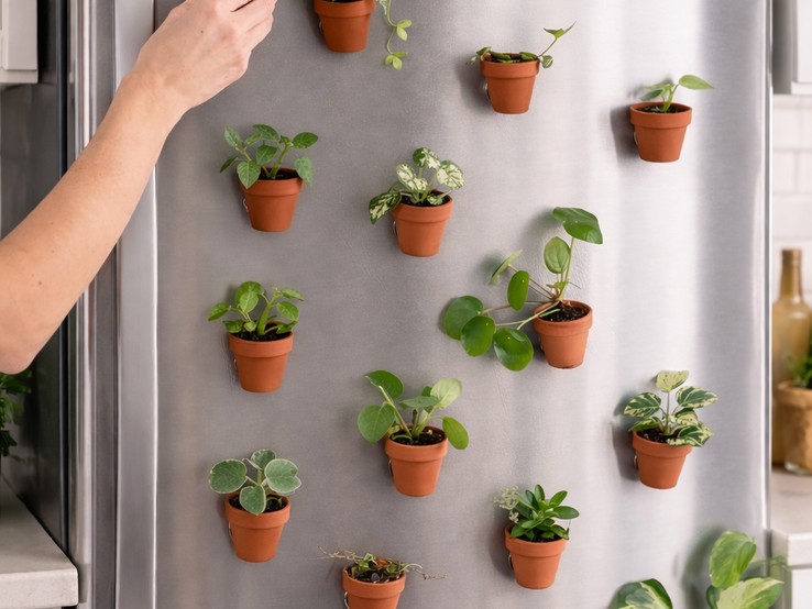 Eine Hand befestigt kleine Tontöpfe mit grünen Zimmerpflanzen an der Edelstahlfront eines Kühlschranks in heller Küche.