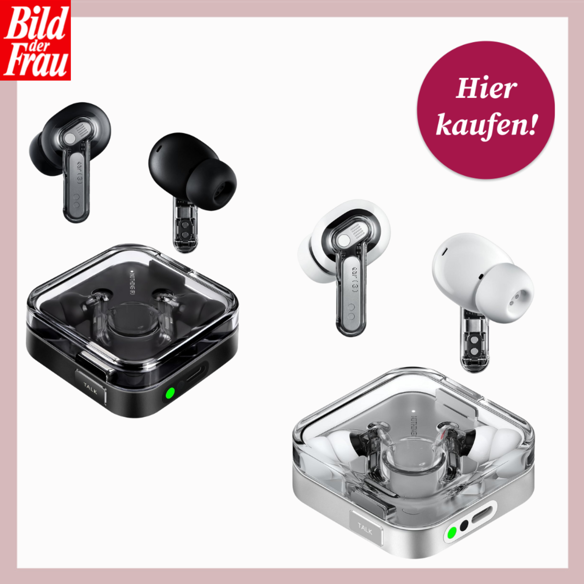 Schwarze und weiße kabellose In-Ear-Kopfhörer liegen neben transparenten Ladecases auf hellem Hintergrund in cleanem Produktlayout. | © Canva/Amazon/Collage: bildderfrau.de