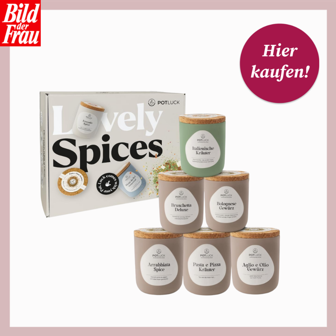 Stapel aus sechs Gewürzdosen mit Korkdeckeln und italienischen Kräutermischungen vor weißem Hintergrund, daneben passende Geschenkbox. | © Canva/Amazon/Collage:bildderfrau.de