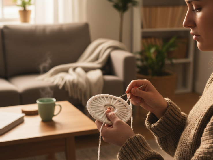 Hände einer Person mit braunem Wollpullover umhäkeln eine CD, im Hintergrund warmes Wohnzimmer mit grauem Sofa und Deko.