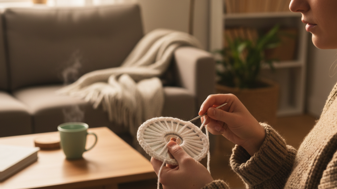 Hände einer Person mit braunem Wollpullover umhäkeln eine CD, im Hintergrund warmes Wohnzimmer mit grauem Sofa und Deko.