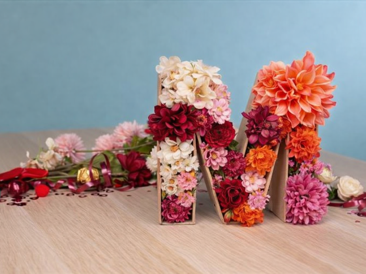 Mit bunten Dahlien und Rosen gefüllter Buchstabe M aus Karton steht auf Holztisch vor hellblauem Hintergrund.