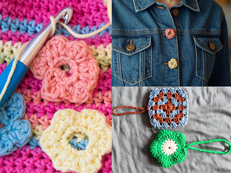 Nahaufnahme einer blauen Jeansjacke mit rosa gehäkelten Blumenverzierungen, getragen über einem beigen Pullover, im warmen Innenraum.