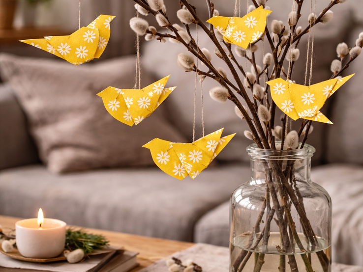 Gelbe Papier-Vögel mit Blumenmuster hängen an Weidenkätzchen in einer Glasvase auf Holztisch, Kerze und Sofa im Hintergrund.