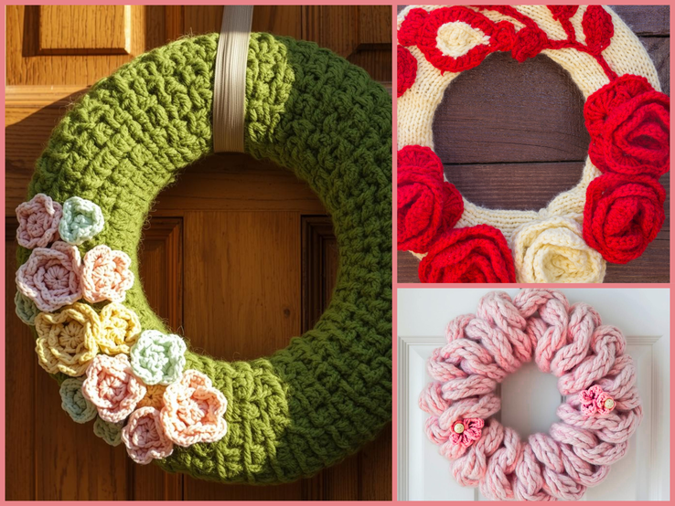 Collage mit drei handgefertigten Türkränzen, darunter grüner Kranz mit pastellfarbenen Blumen vor Holz, roter Kranz vor braunem Holz und rosa Kranz vor weißer Tür.