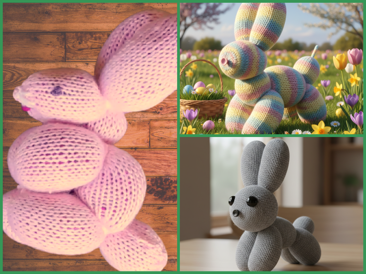 Drei gestrickte Hasenfiguren in Collage: ein rosa Hase auf Holzboden, ein bunt gestreifter Hase auf Blumenwiese und ein grauer Hase auf Holztisch.