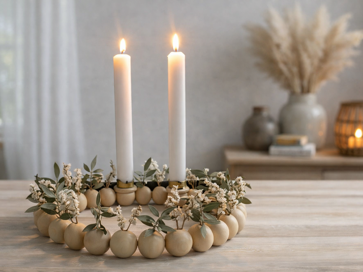 Zwei weiße Stabkerzen brennen in goldenen Haltern auf einem Kranz aus Holzkugeln mit zarten Blüten, vor gemütlichem Wohnzimmer.
