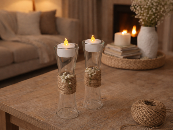 Zwei Teelichthalter aus Schnapsgläsern mit brennenden Kerzen stehen auf einem Holztisch, umwickelt mit Juteschnur und kleinen Blüten.