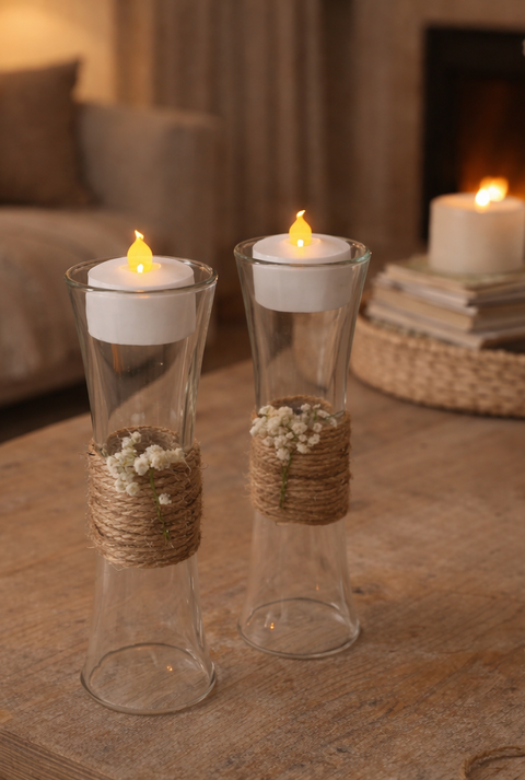 Zwei Teelichthalter aus Schnapsgläsern mit brennenden Kerzen stehen auf einem Holztisch, umwickelt mit Juteschnur und kleinen Blüten.