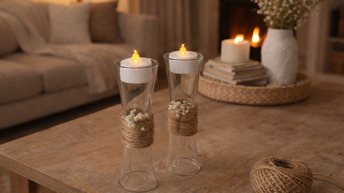 Zwei Teelichthalter aus Schnapsgläsern mit brennenden Kerzen stehen auf einem Holztisch, umwickelt mit Juteschnur und kleinen Blüten.