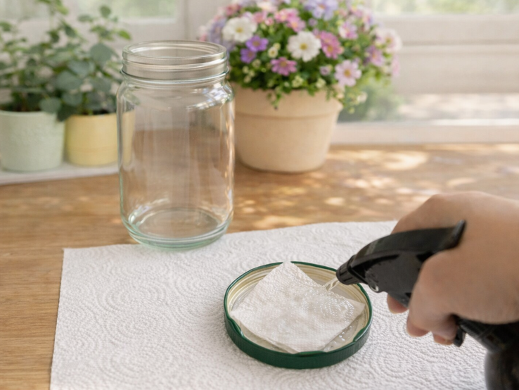 Eine Hand besprüht ein gefaltetes Papiertuch im grünen Deckel, daneben leeres Einmachglas auf Holztisch vor Blumen am Fenster.