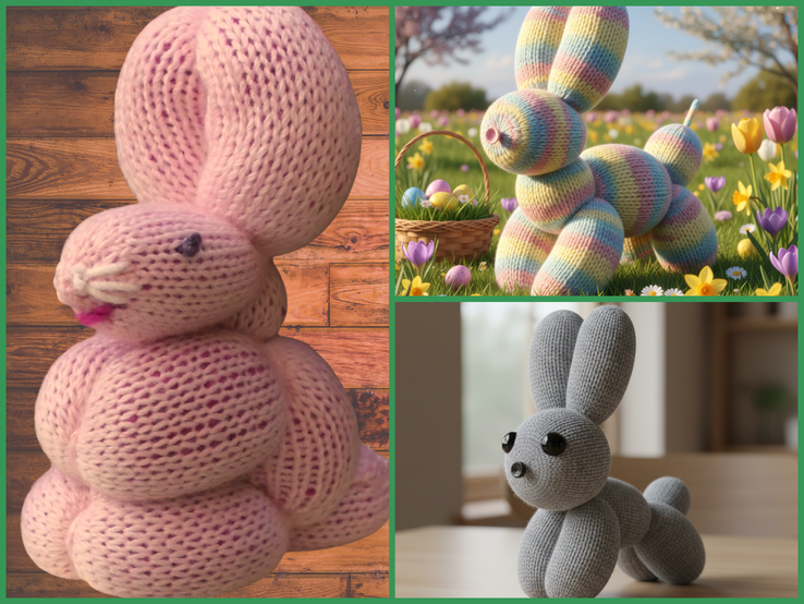 Drei gestrickte Hasenfiguren in Collage: ein rosa Hase auf Holzboden, ein bunt gestreifter Hase auf Blumenwiese und ein grauer Hase auf Holztisch.