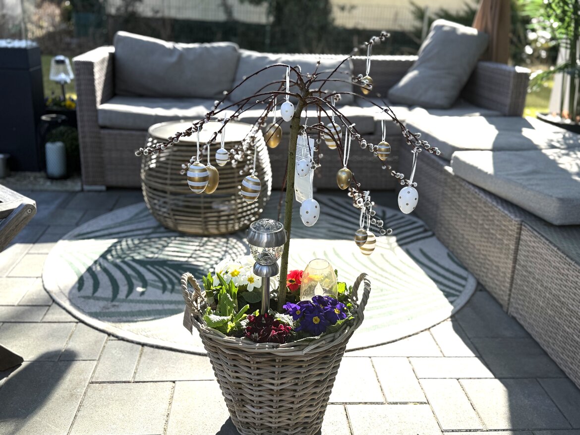 Frühlingshaft dekoriertes hängendes Weidenkätzchen im Topf mit goldenen Anhängern in bepflanztem Korb auf heller Terrasse vor grauer Sitzgruppe. | © Madeleine Liedke 