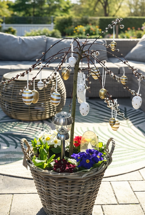 Ein mit goldenen und weißen Ostereiern geschmückter Zweig steht in einem Korb mit bunten Frühlingsblumen auf sonniger Terrasse.