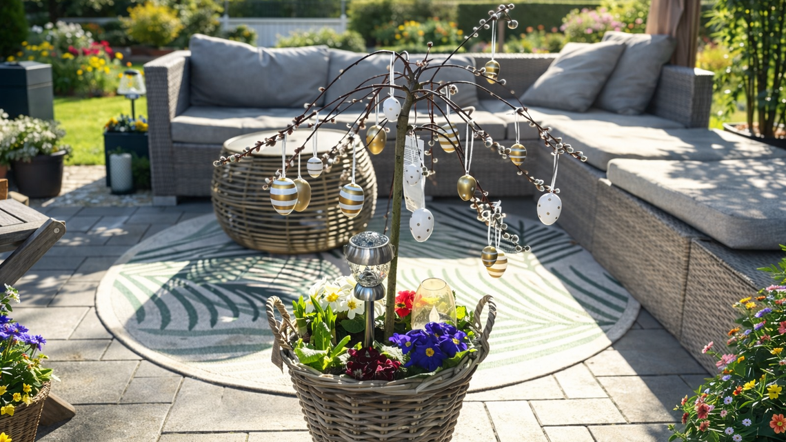 Ein mit goldenen und weißen Ostereiern geschmückter Zweig steht in einem Korb mit bunten Frühlingsblumen auf sonniger Terrasse.