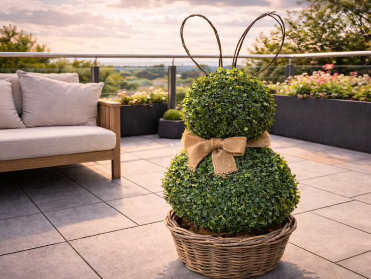 Zwei kugelförmige Buchsbäume mit Schleife und Drahtohren stehen dekorativ im Korb auf sonniger Terrasse mit Weitblick.