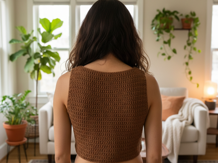 Eine Frau mit schulterlangem dunklem Haar steht mit dem Rücken zum Betrachter; sie trägt ein braunes gehäkeltes Oberteil und ist in einem gemütlichen Raum mit Zimmerpflanzen und Sofa.