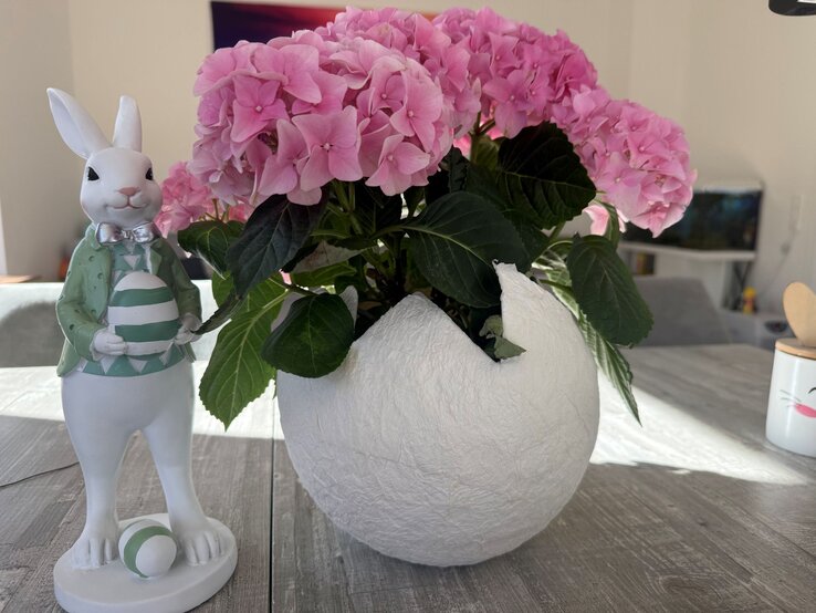 Üppige rosa Hortensie wächst aus dekorativer, aufgebrochener DIY-Eierschale aus Toilettenpapier auf Holztisch; daneben steht ein weißer Osterhase mit Ei.