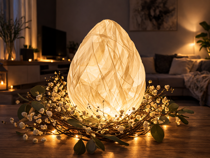 Leuchtendes  Ei aus Butterbrotpapier ruht in einem Kranz aus feinen Blüten auf einem Tisch, dahinter Sofa und gedämpftes Licht im Wohnzimmer.