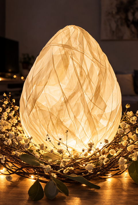 Leuchtendes  Ei aus Butterbrotpapier ruht in einem Kranz aus feinen Blüten auf einem Tisch, dahinter Sofa und gedämpftes Licht im Wohnzimmer.