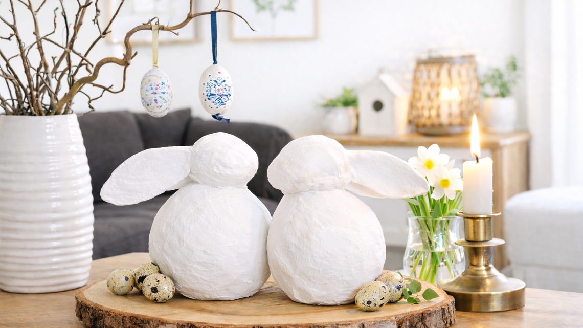 Zwei weiße DIY-Deko-Osterhasen aus Zeitung sitzen Rücken an Rücken auf einer Holzscheibe, daneben Kerze, Narzissen und kleine Wachteleier.